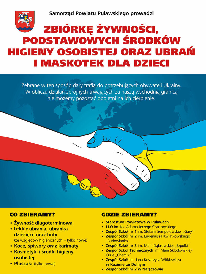 Plakat zachęcający do zbiórki darów dla Ukrainy