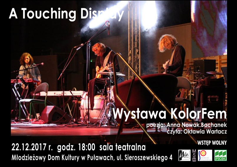Plakat przedstawiający muzyków występujących w MDK, scenę, grę świateł. Miejsce i termin imprezy.