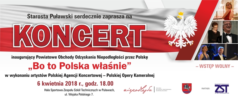 motyw biało-czerwonej flagi, orzeł, artyści, loga organizatorów, zaproszenie na koncert