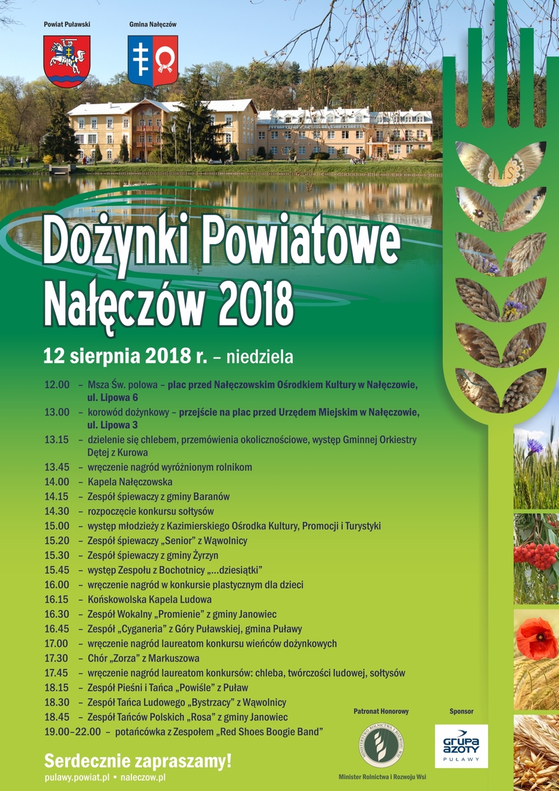 Dożynki Powiatowe 12 sierpnia 2018 r. Nałęczów, zieleń, zboże
