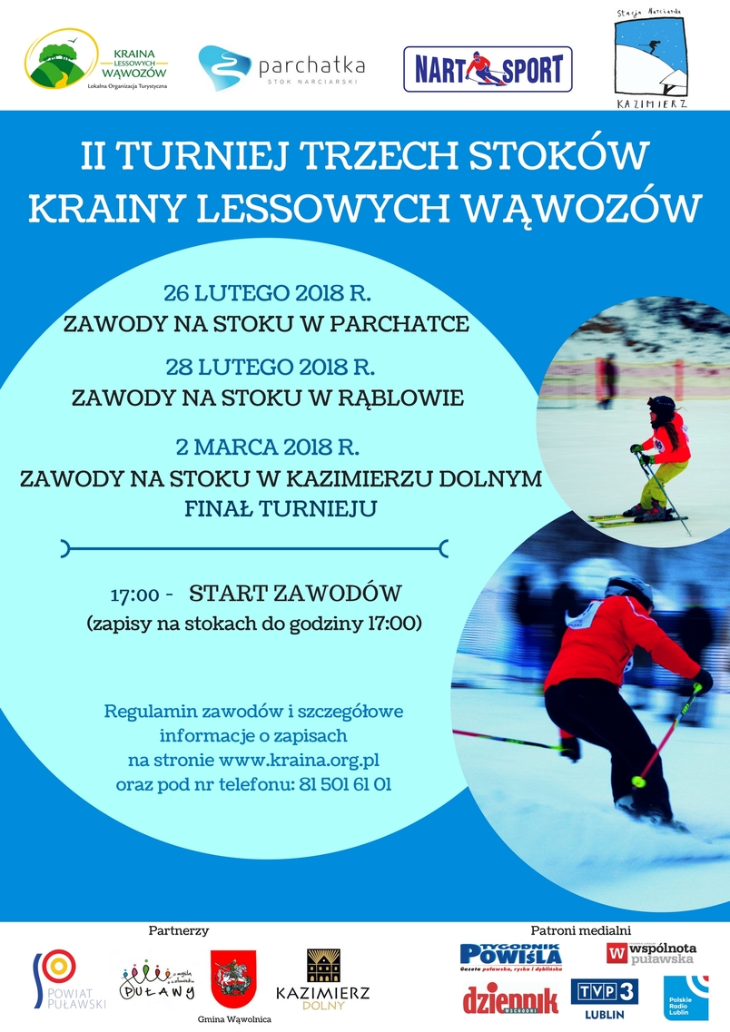 II Turniej Trzech Stoków, Parchatka, Rąblów, Kazimierz Dolny, narciarze, loga organizatorów