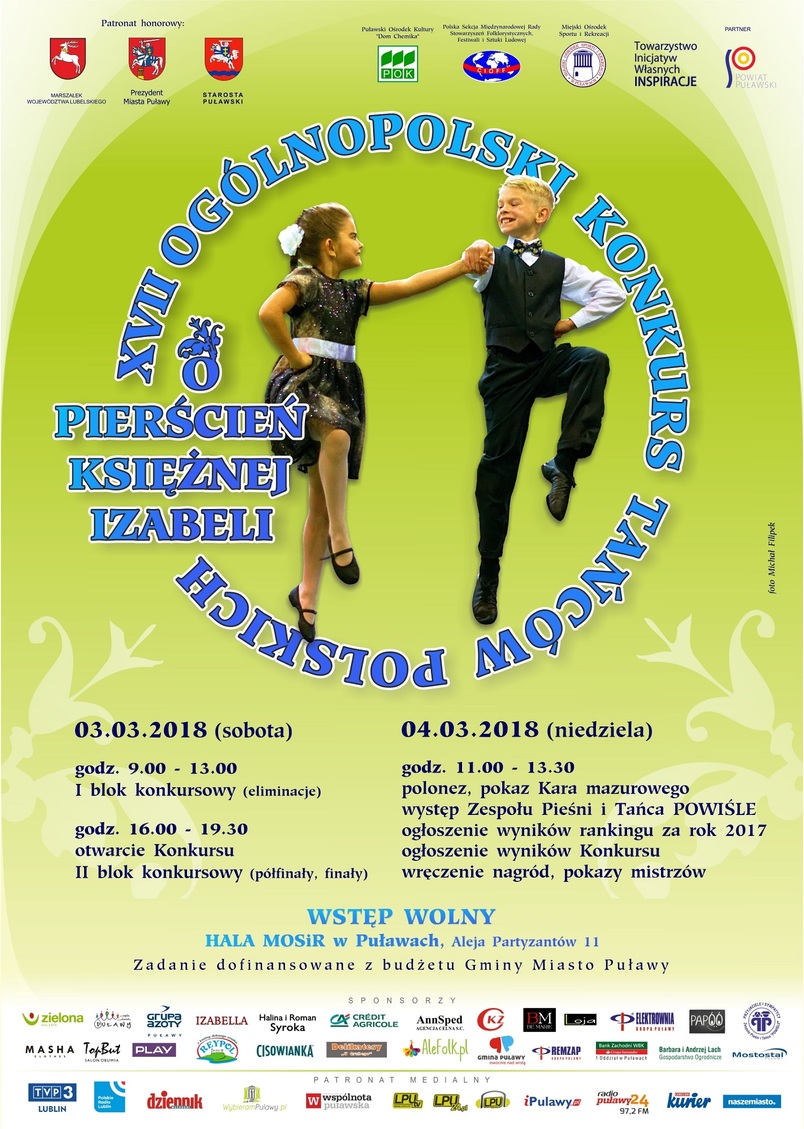 Ogłoszenie turniejowe, loga organizatorów i sponsorów, terminy 3 - 4 marca, miejse hala MOSiR w Puławach, wizerunek tańczącej pary