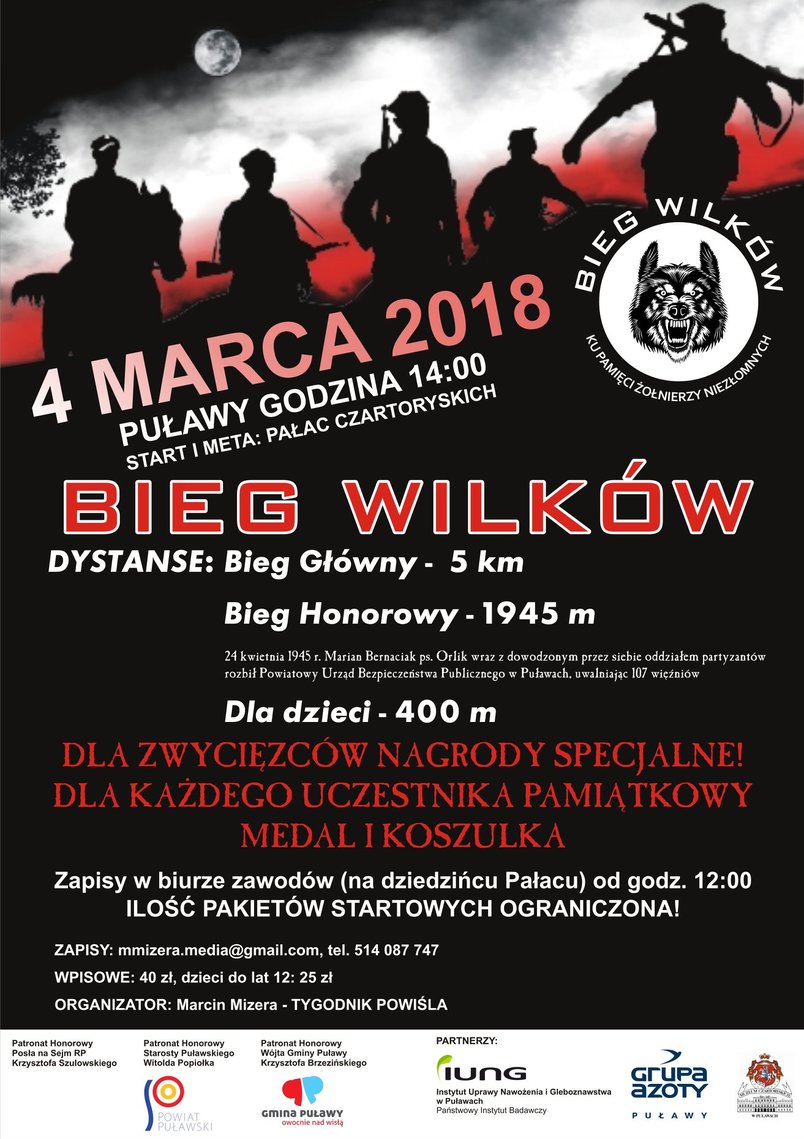 Bieg Wilków, logo wilka, 4 marca 2018 r. czerń, czerwień, loga organizatorów i sponsorów