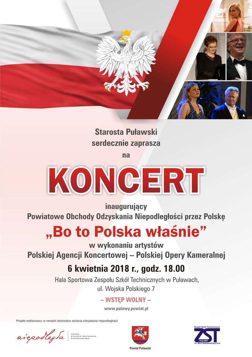 Plakat reklamujący koncert Bo To Polska właśnie, biały orzeł, flaga Polski, artyści