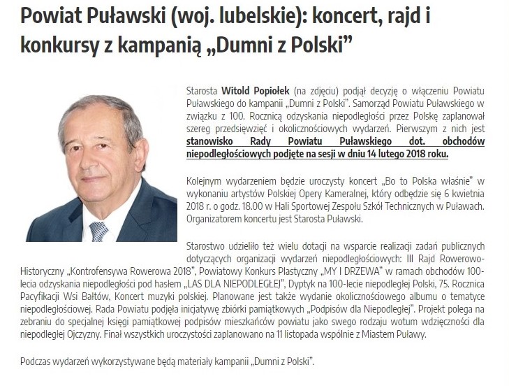 Dumni z Polski - informacje Starosty Puławskiego, zdjęcie Starosty