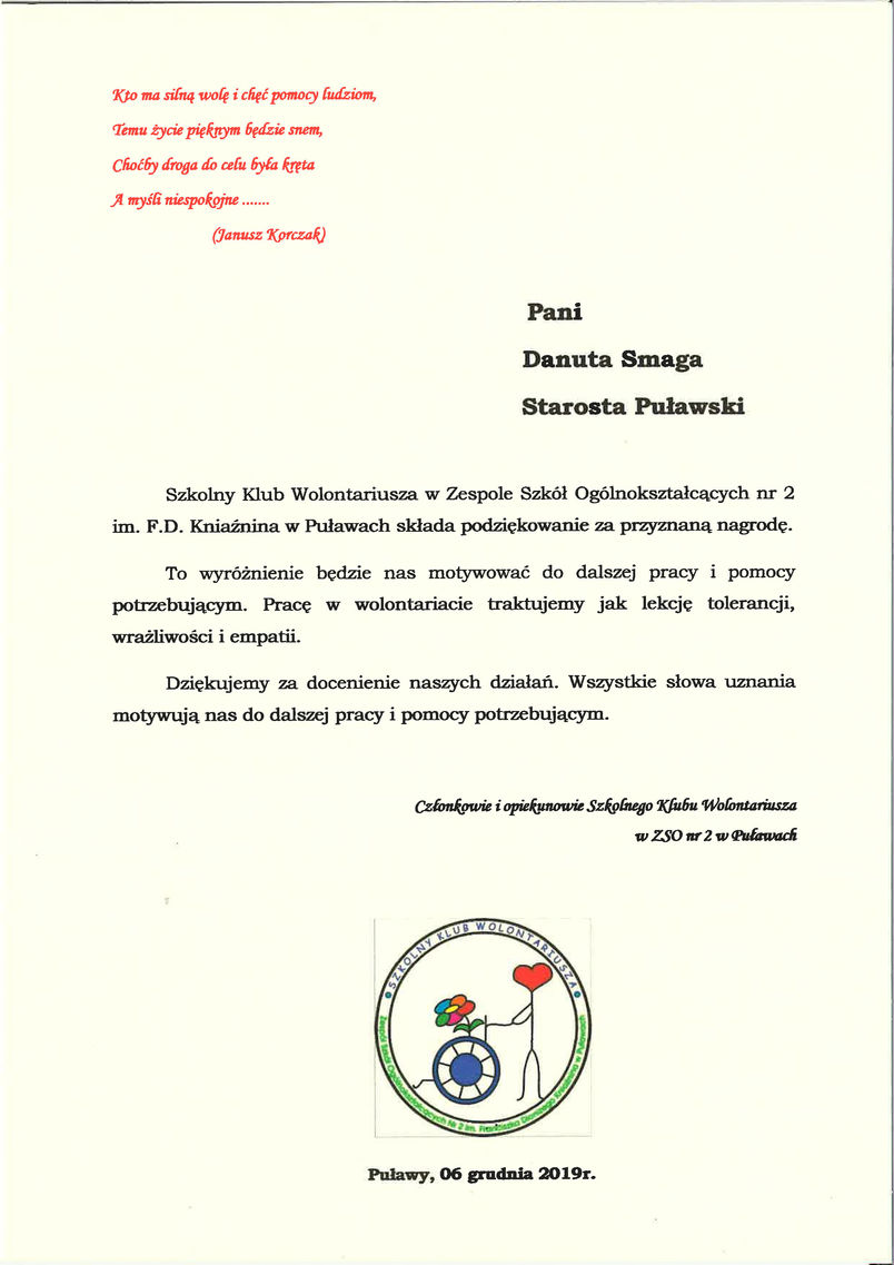 I Powiatowy Dzień Wolontariatu - podziękowanie od Szkolnego Klubu Wolontariusza przy ZSO nr 2 w Puławach