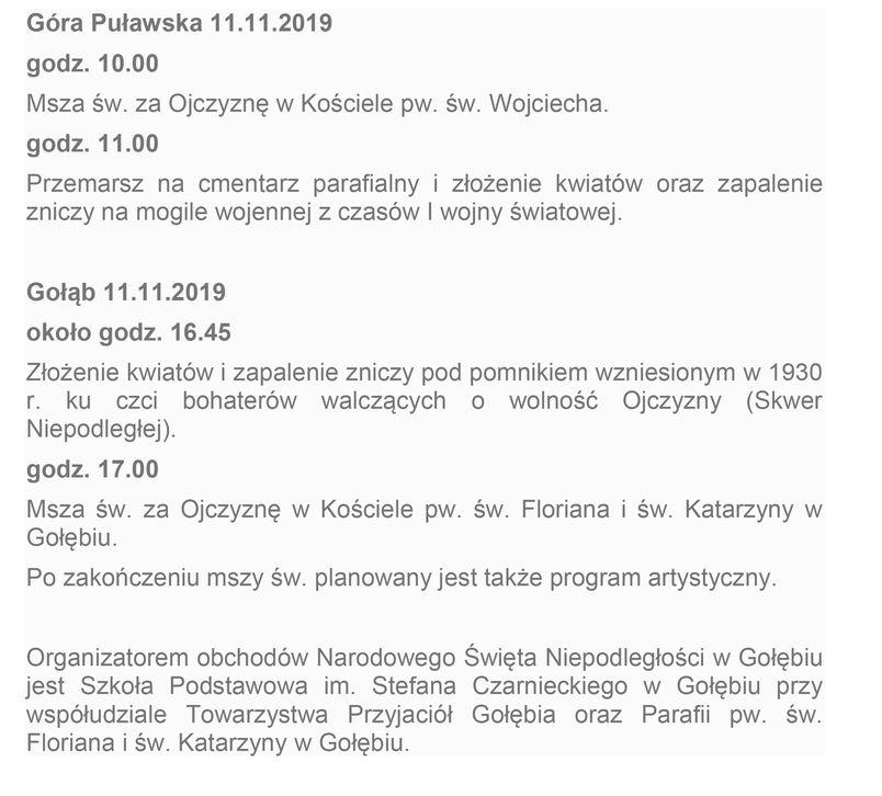 Program Narodowego Święta Niepodległości w Górze Puławskiej i Gołębiu