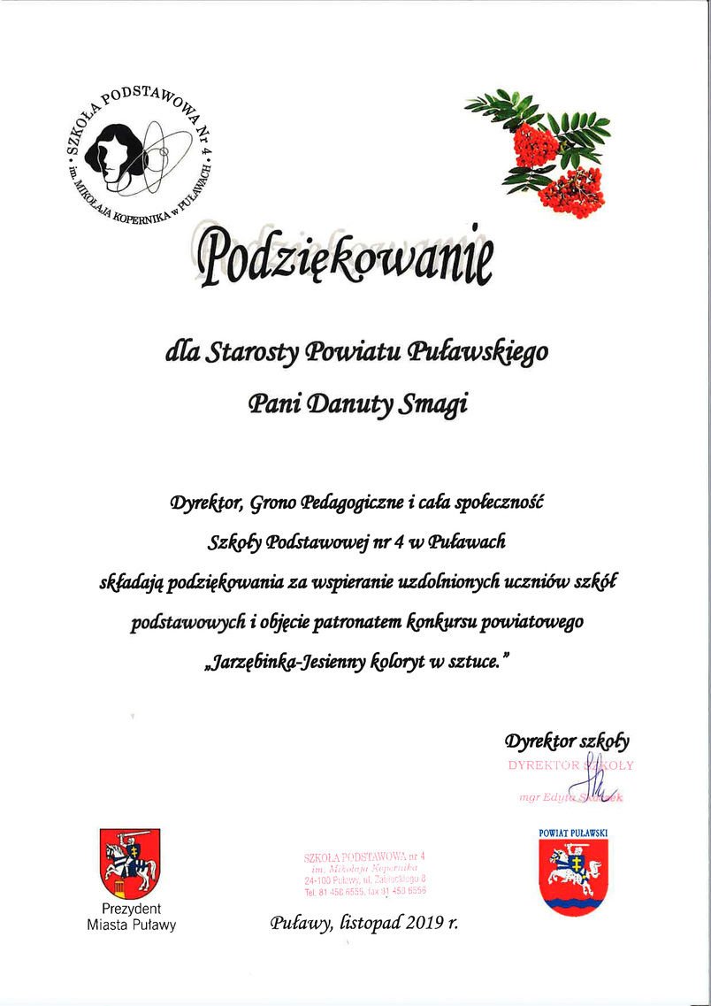Podziękowanie dla Starosty Puławskiego za objęcie honorowym patronatem konkursu 