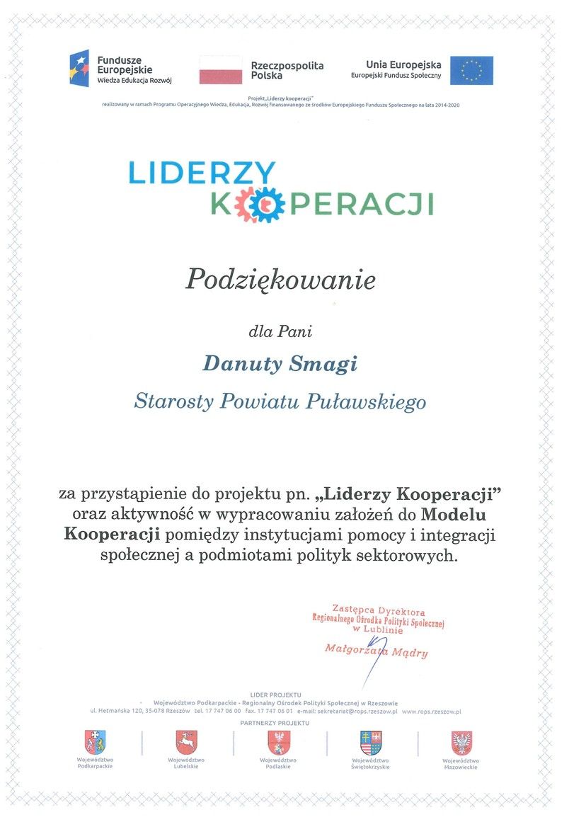 Liderzy Kooperacji - podziękowanie dla Starosty Puławskiego