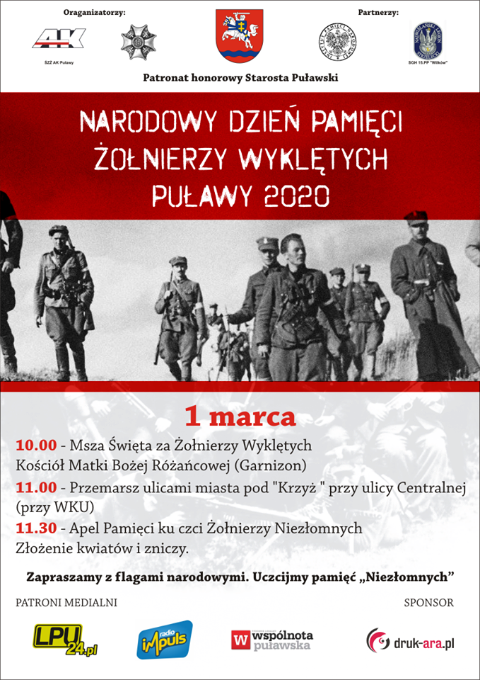 Obchody Narodowego Dnia Pamięci Żołnierzy Wyklętych w Puławach, 1 marca 2020 r., godziny 10.00 -11.30, msza św., przemarsz pod Krzyż przy WKU,złożenie kwiatów. Sylwetki żołnierzy, loga organizatorów i patrona Starosty Puławskiego.