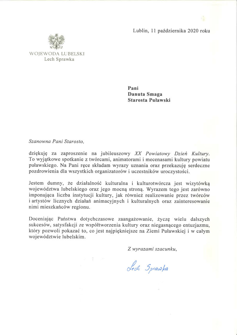 List gratulacyjny od Wojewody Lubelskiego z okazji 20. Powiatowego Dnia Kultury