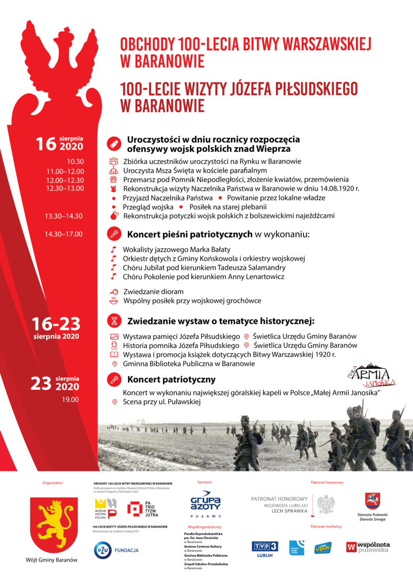 Obchody 100-lecia Bitwy Warszawskiej, Baranów 16-23 sierpnia 2020 r., msza św., rekonstrukcje historyczne, wystawy, koncert