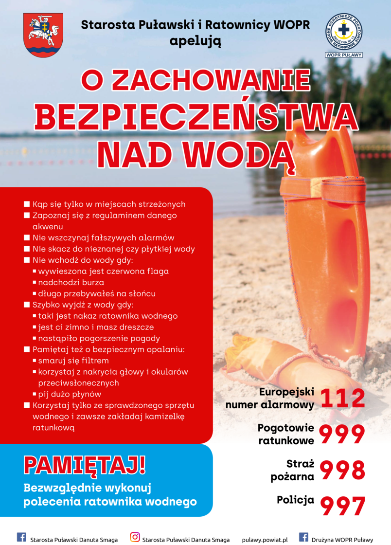 Apel Starosty Puławskiego i ratowników WOPR o zachowanie bezpieczeństwa nad wodą
