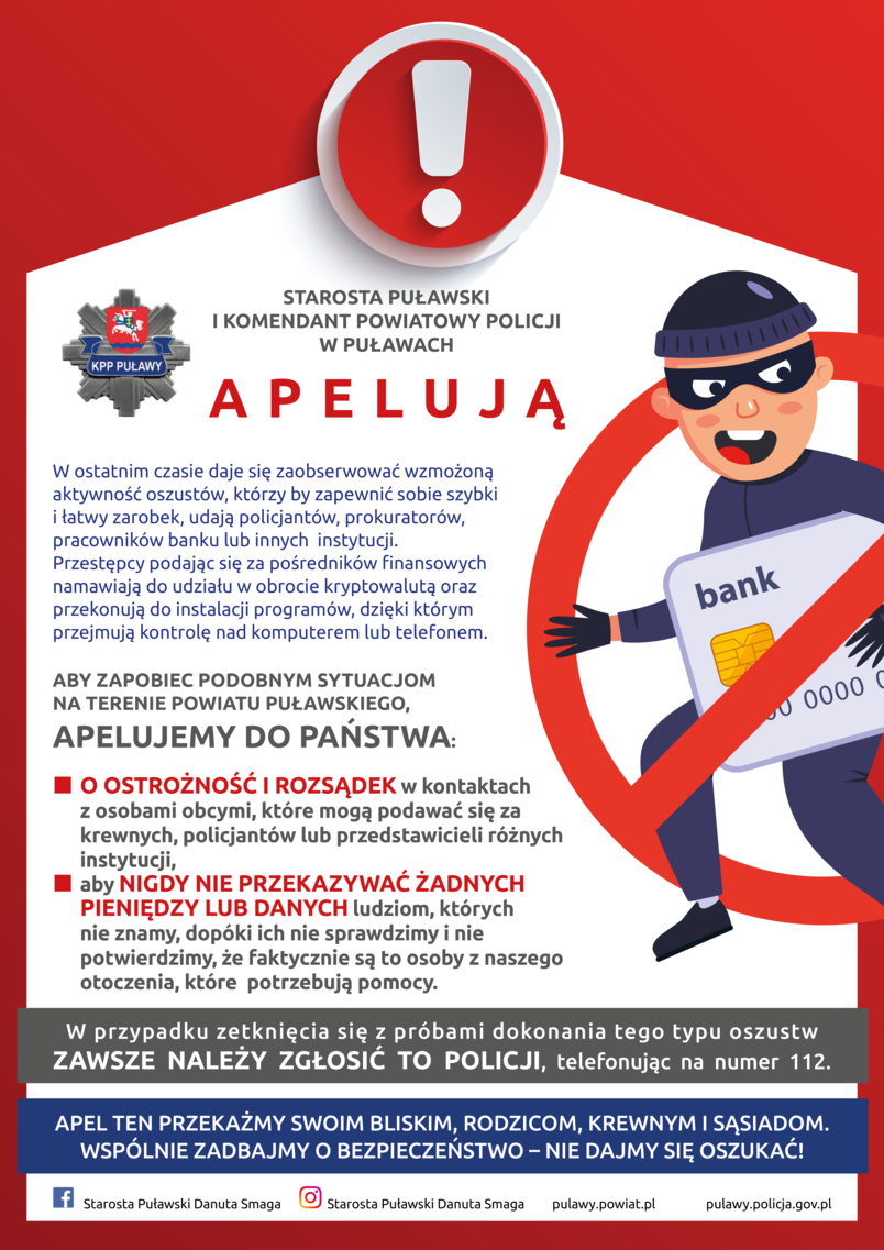 Plakat Apel Starosty Puławskiego i Komendanta Policji dot. zachowania bezpieczeństwa finansowego