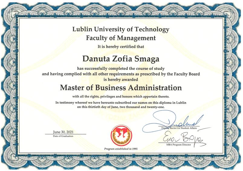 Dyplom ukończenia studiów podyplomowych MBA Danuta Smaga