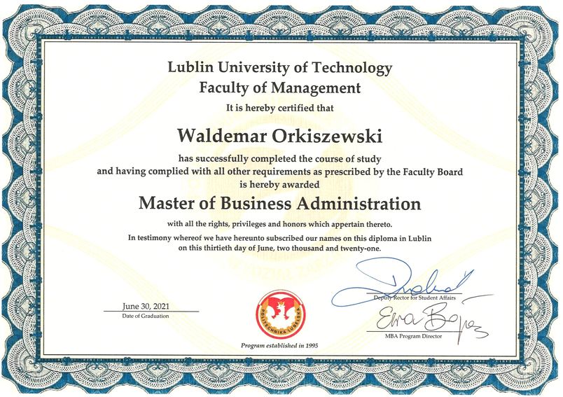 Dyplom ukończenia studiów podyplomowych MBA Waldemar Orkiszewski
