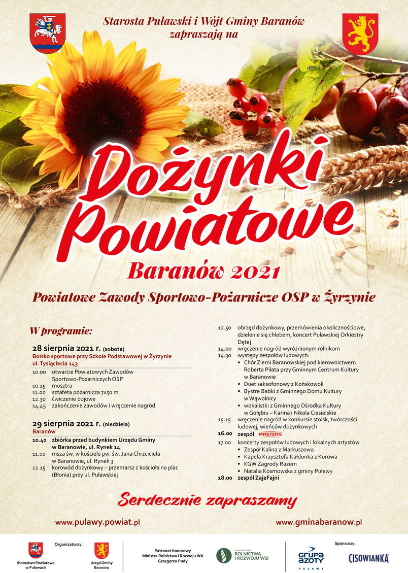 Dożynki Powiatowe Baranów 2021 28 sierpnia od godz. 10.40, Powiatowe Zawody Sportowo-Pożarnicze OSP Żyrzyn 28 sierpnia 2021 r. od godz. 10.00