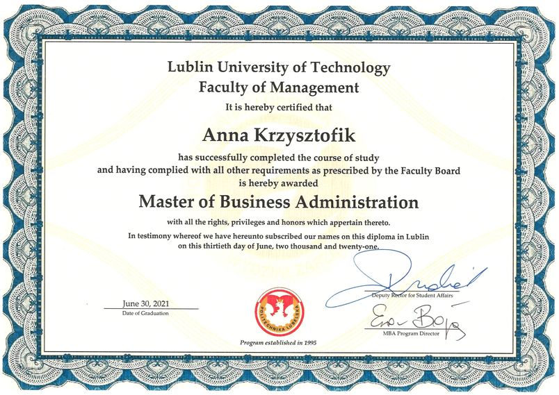 Dyplom ukończenia studiów podyplomowych MBA Anna Krzysztofik