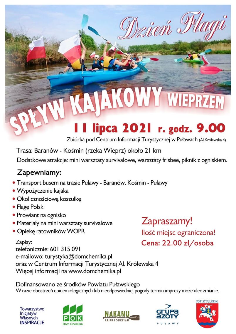 Spływ Kajakowy Baranów - Kośmin. 11 lipca 2021 r. , zbiórka godz. 9.00 Al. Królewska 4.
