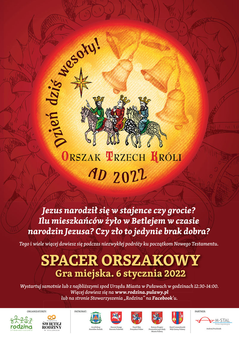 Orszak Trzech Króli AD 2022. Plakat informacyjny, loga patronów, termin 6 stycznia 2022 roku