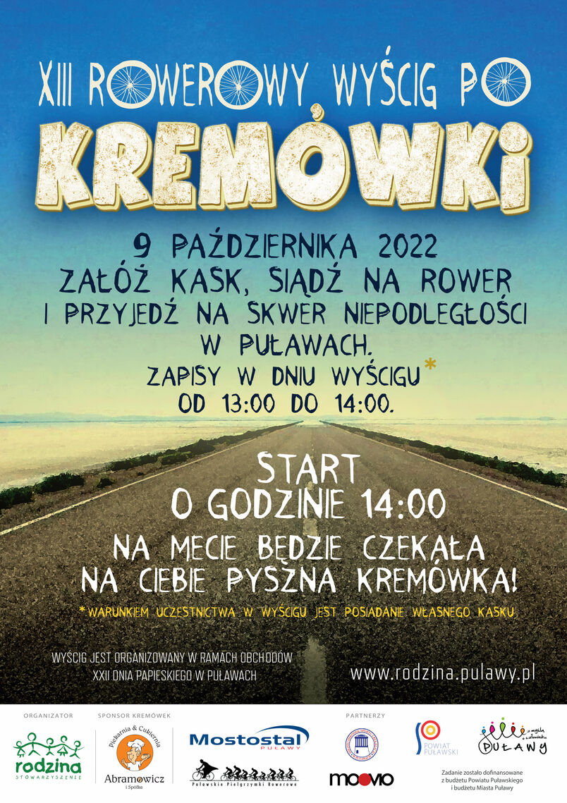 Serdecznie zapraszamy do udziału w XIII Rowerowym Wyścigu po Kremówki. Wydarzenie odbędzie się 9 października 2022 r. - zapisy w godzinach 13:00-14:00,  start 14:00.  Organizatorem przedsięwzięcia jest Stowarzyszenie 