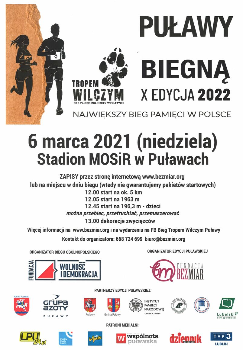 Puławy biegną Tropem Wilczym. X edycja 2022. Program biegu (szczegóły w tekście artykułu), loga organizatorów i sponsorów.