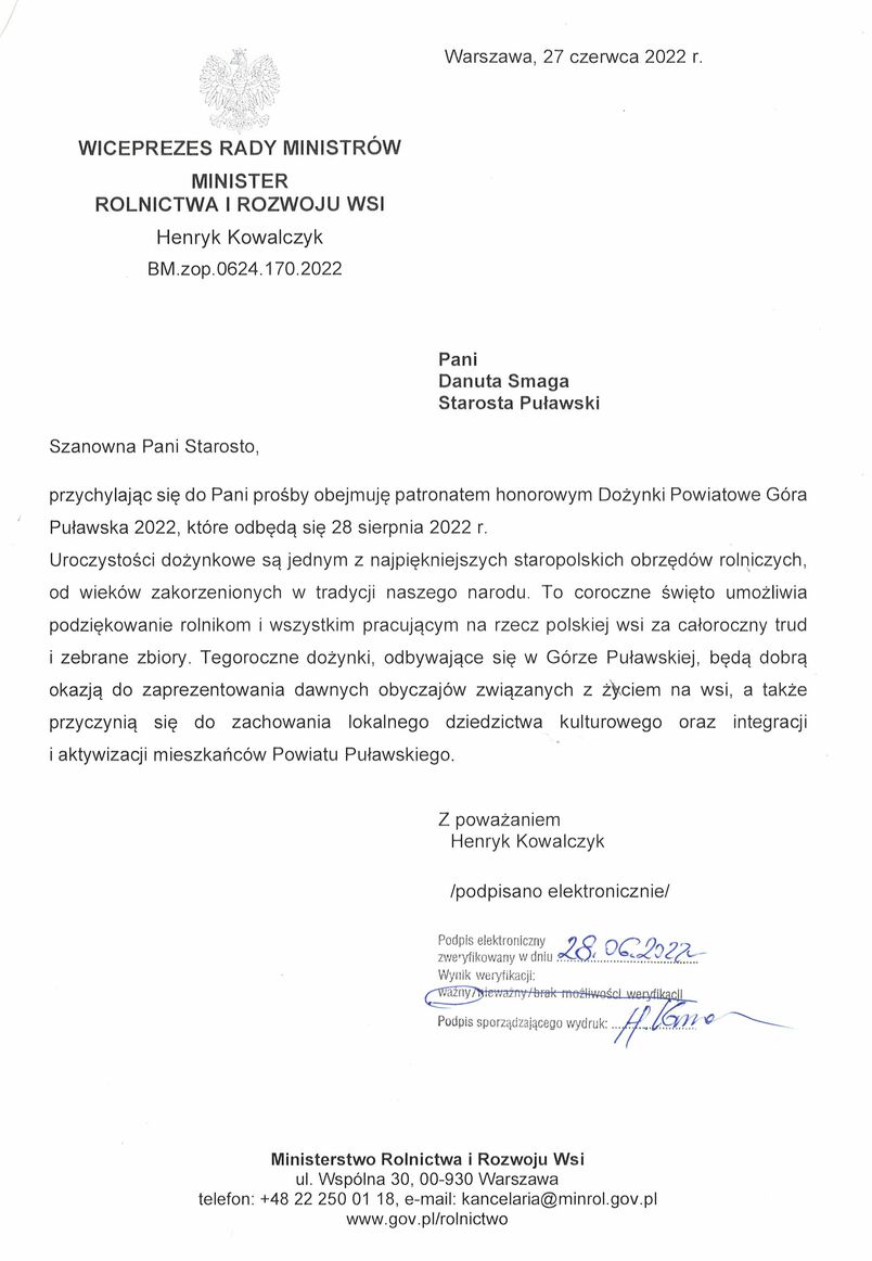 Informacja Ministra Rolnictwa i Rozwoju Wsi na temat objęcia patronatem Dożynek Powiatowych w Gołębiu