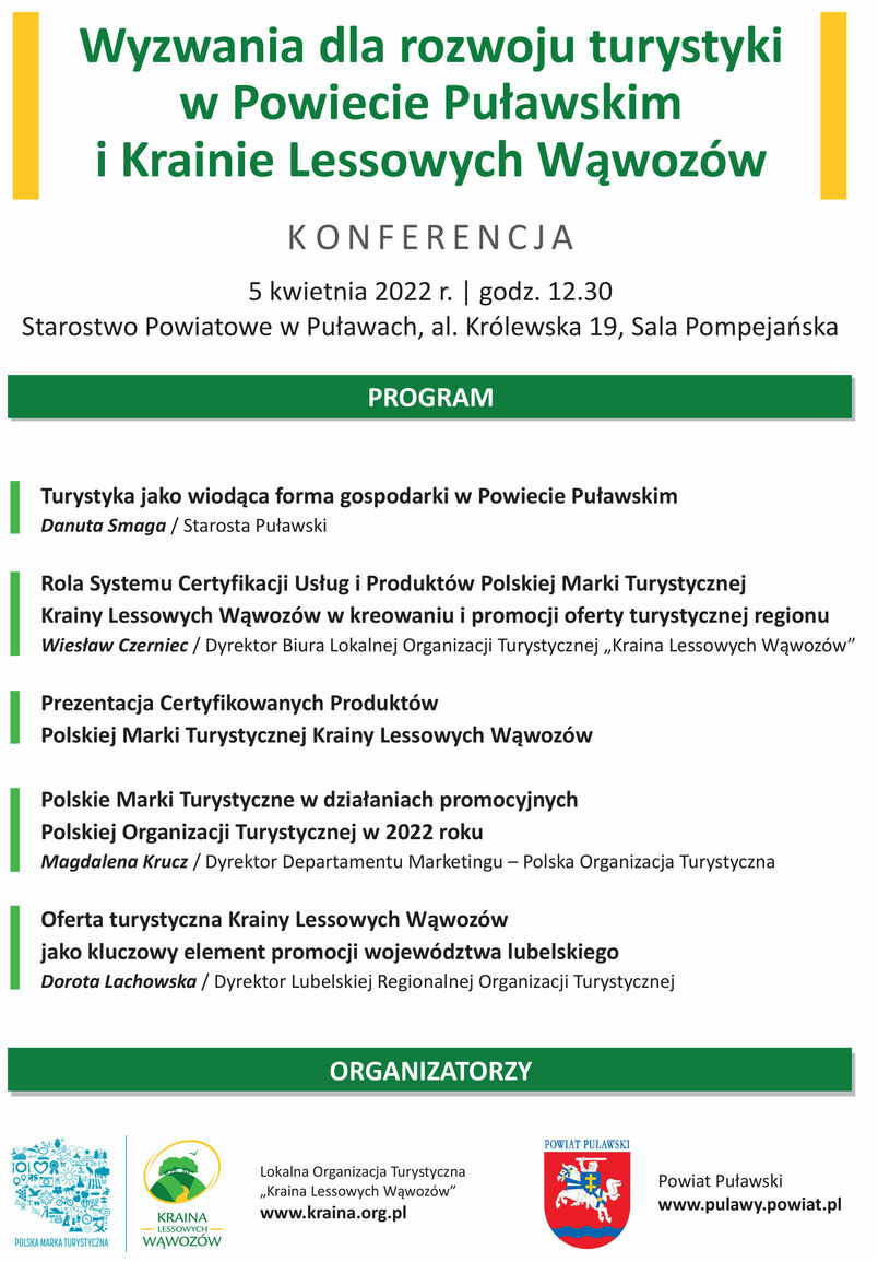 Konferencja turystyczna 5 kwietnia 2022 roku godzina 12.30 Sala Pompejańska Starostwa Powiatowego w Puławach