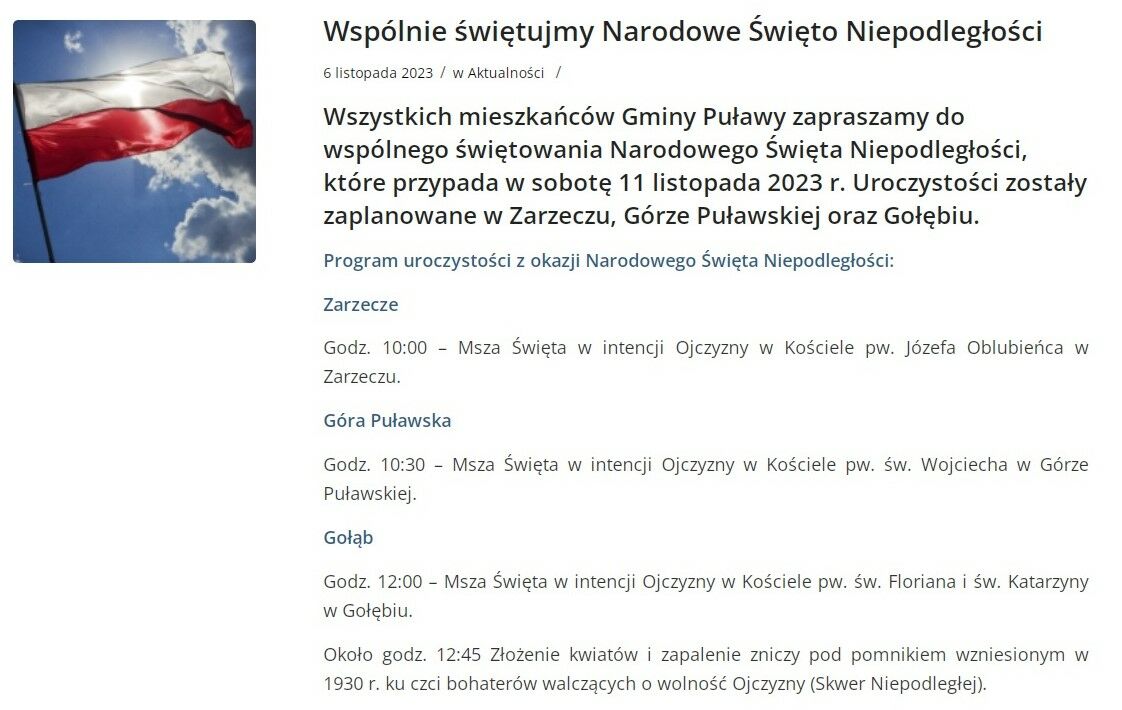 Uroczystości patriotyczne z okazji Święta Niepodległości w gminie Puławy