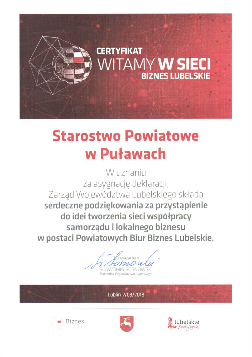 Certyfikat Biznes Lubelskie dla Starostwa Powiatowego w Puławach