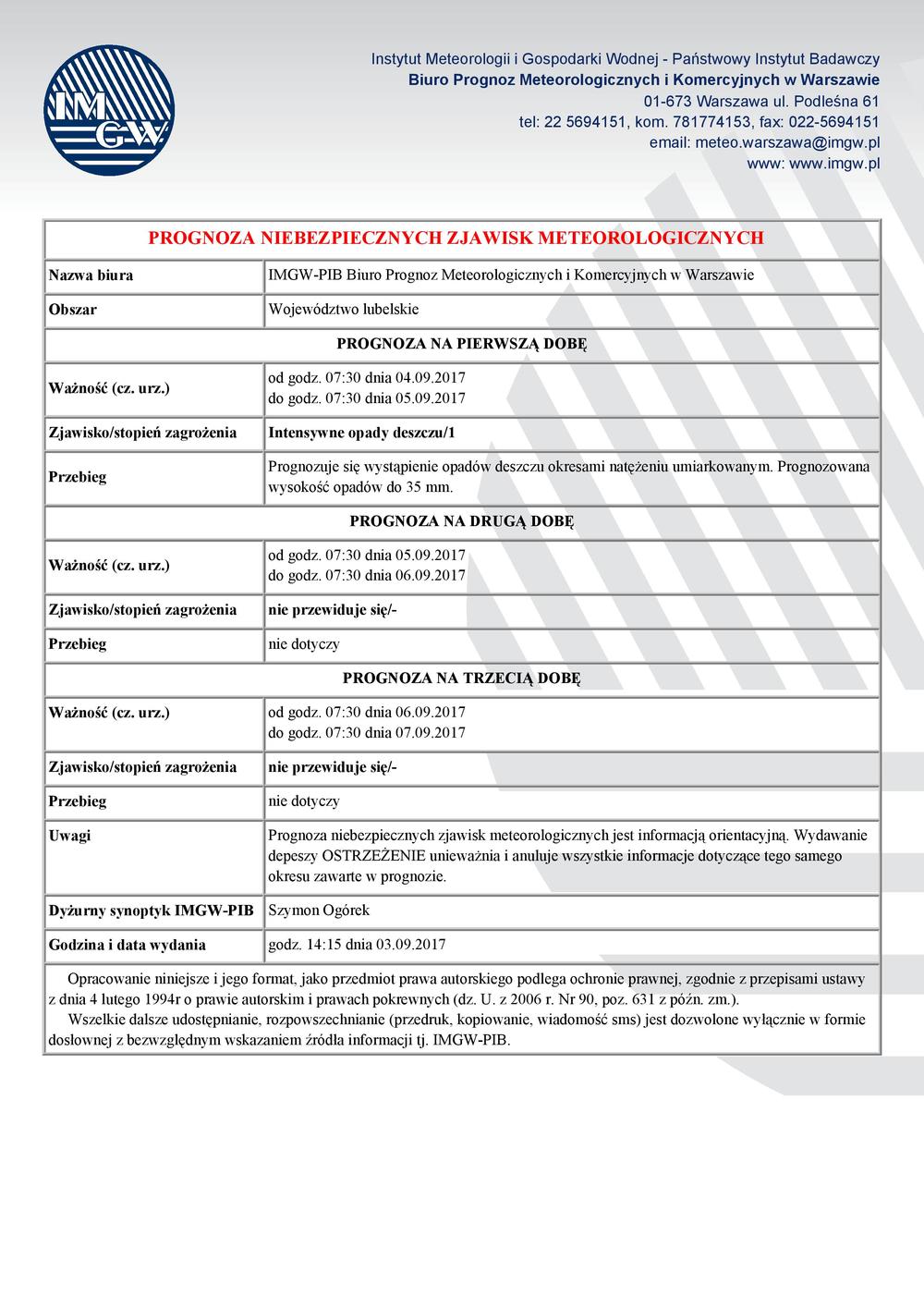 PROGNOZA NIEBEZPIECZNYCH ZJAWISK METEOROLOGICZNYCH  z dn. 03.09.2017 r. [PDF, 71 KB]
