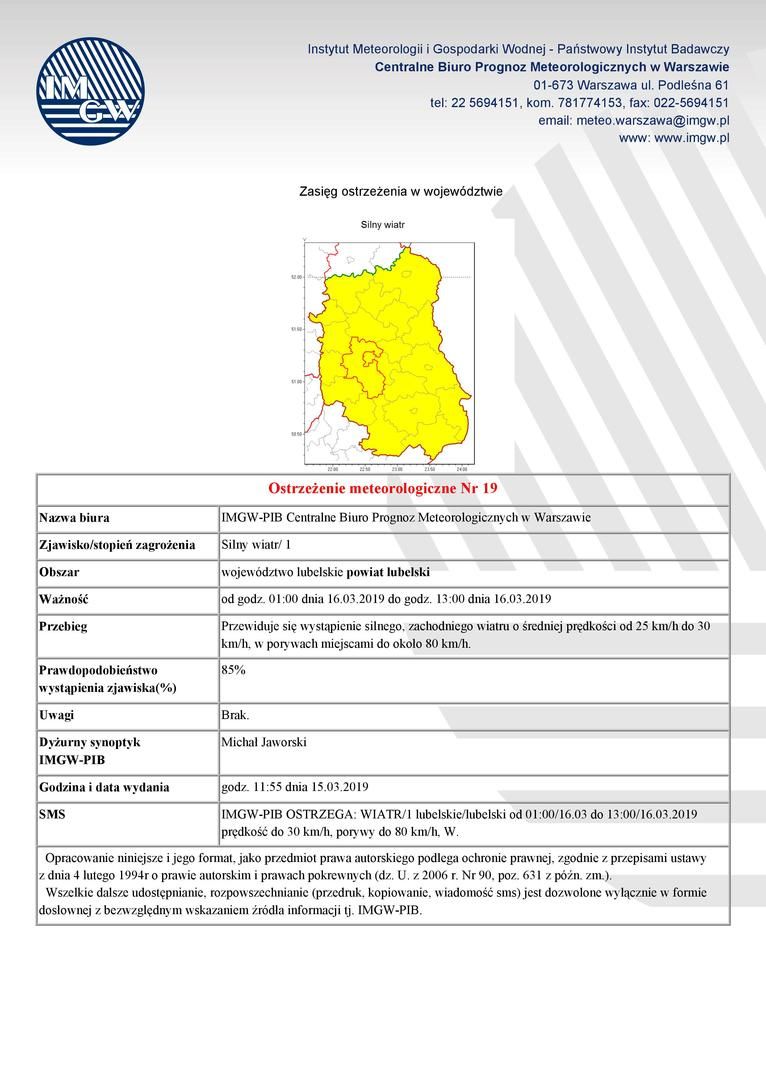 Ostrzeżenie meteorologiczne Nr 19