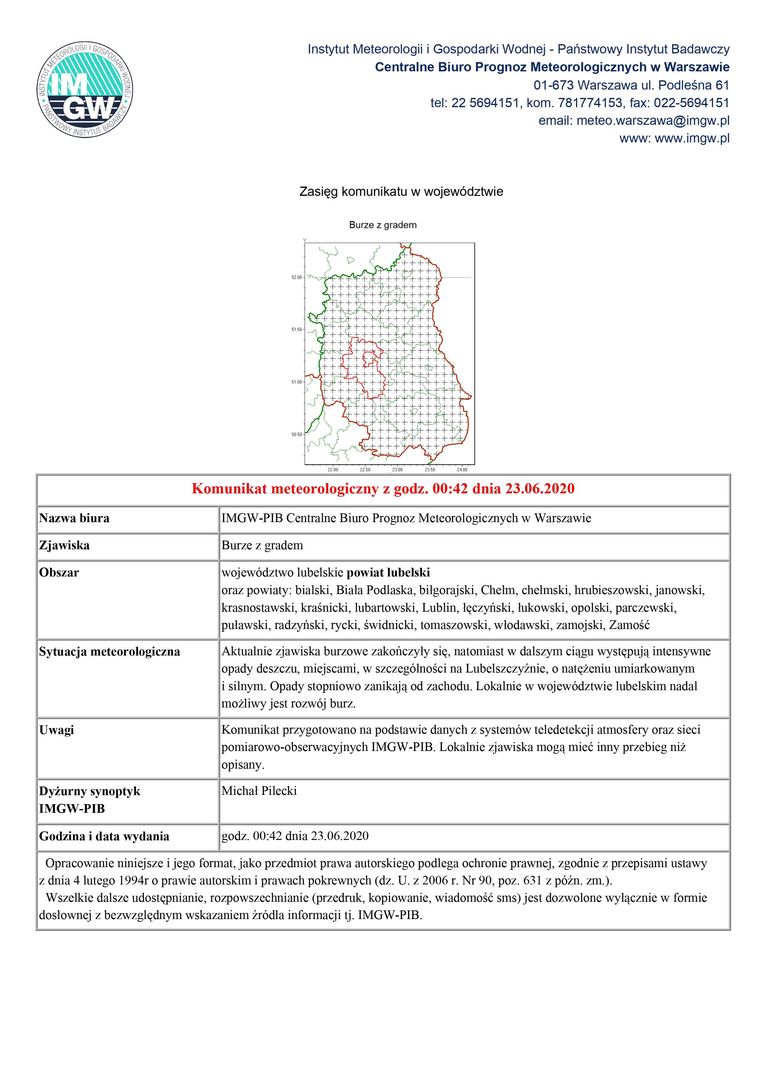 Komunikat meteorologiczny z godz. 00:42 dnia 23.06.2020