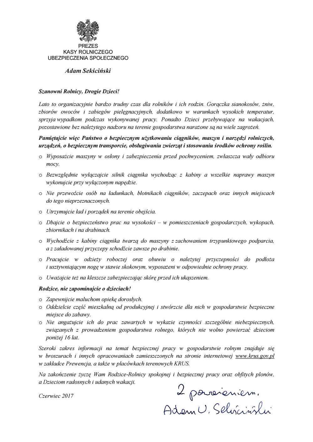 List Prezesa Kasy Rolniczego Ubezpieczenia Społecznego Pana Adama Sekścińskiego