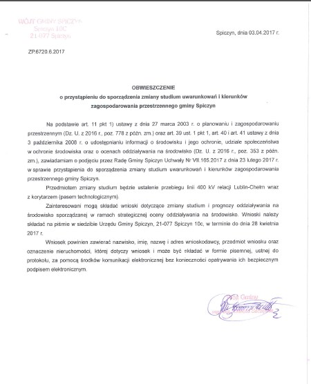 Obwieszczenie Wójta Gminy Spiczyn z dnia 3.04.2017 r.