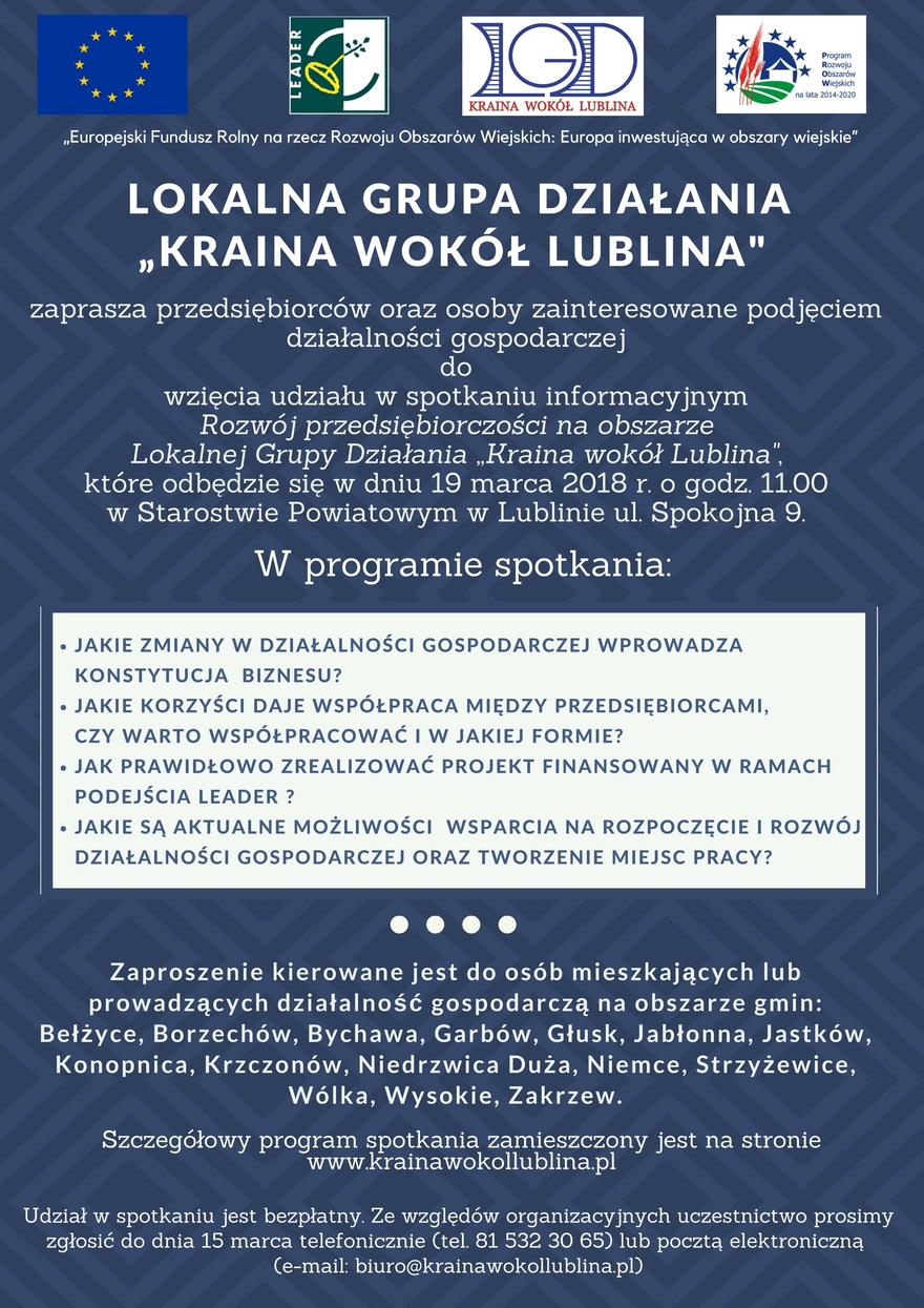 Spotkanie informacyjne Rozwój przedsiębiorczości na obszarze  Lokalnej Grupy Działania „Kraina wokół Lublina 