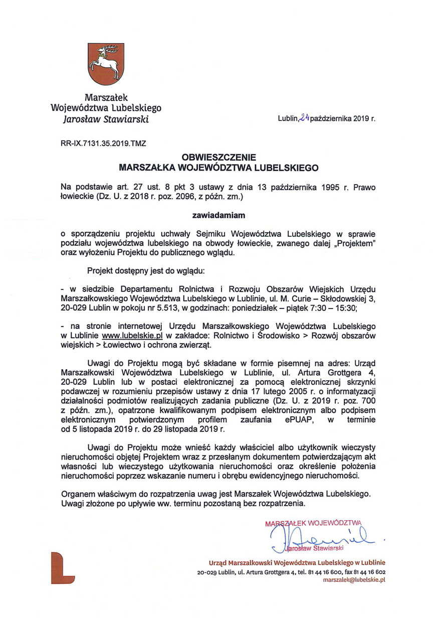 OBWIESZCZENIE MARSZAŁKA WOJEWÓDZTWA LUBELSKIEGO