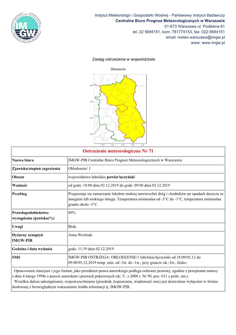Ostrzeżenie meteorologiczne Nr 71