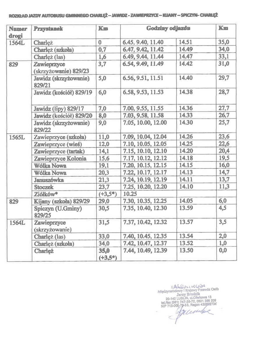 ROZKŁAD JAZDY AUTOBUSU GMINNEGO CHARLĘŻ- JAWIDZ - ZAWIEPRZYCE - KIJANY - SPICZYN - CHARLĘŻ
