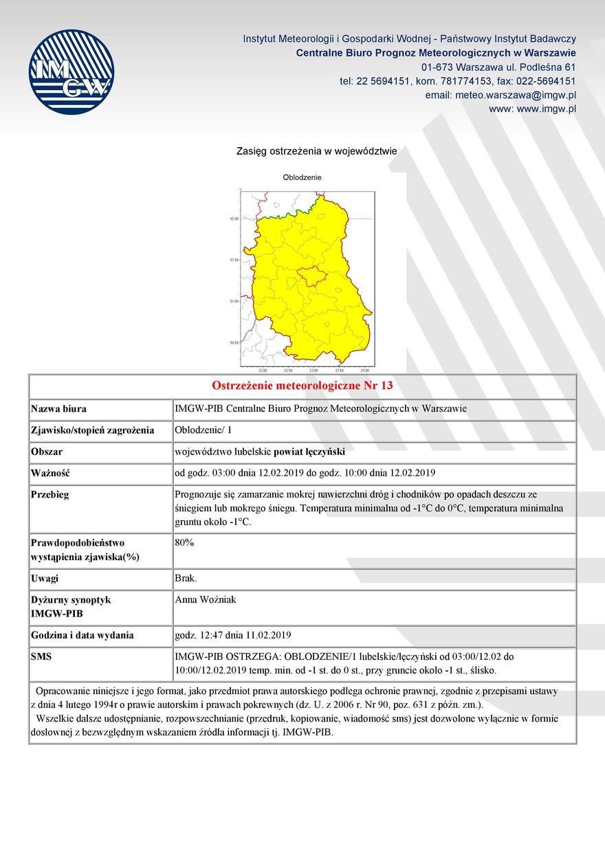 Ostrzeżenie meteorologiczne Nr 13