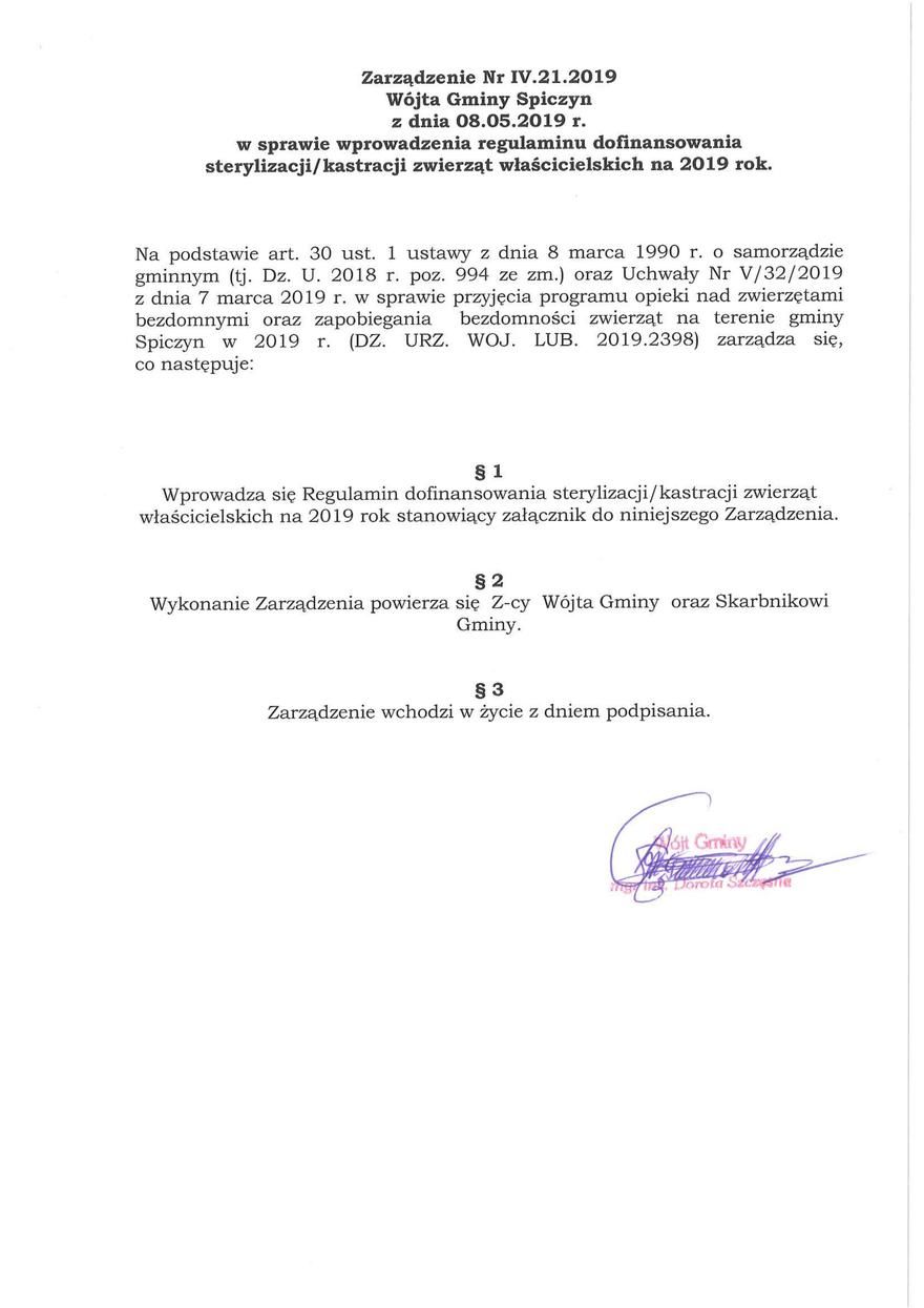Zarządzenie Nr IV.21.2019 Wójta Gminy Spiczyn z dnia 8 maja 2019 r.