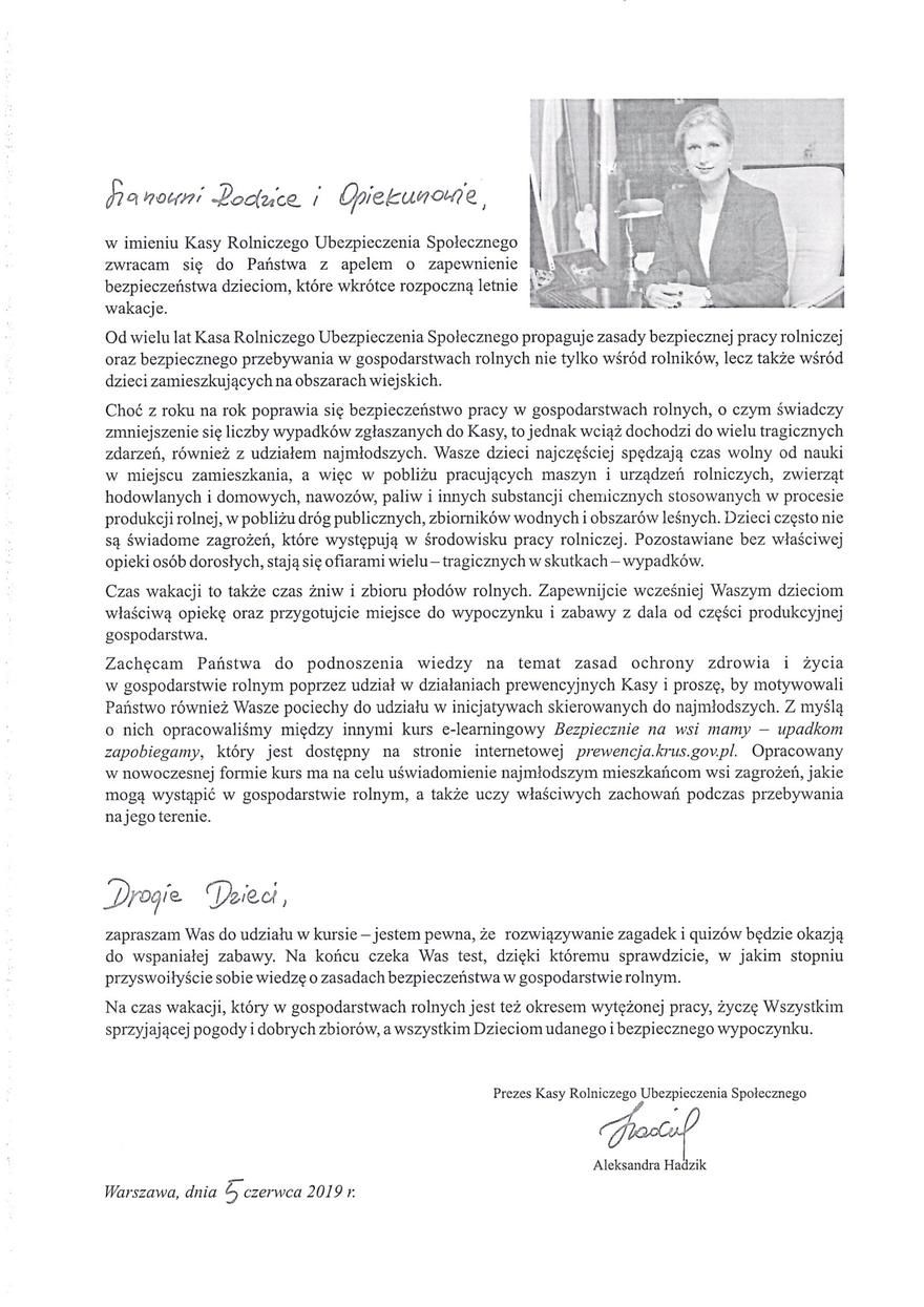 List Prezes KRUS Pani Aleksandry Hadzik