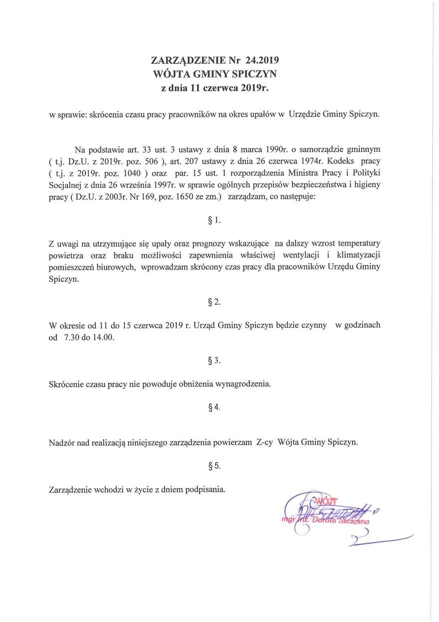ZARZĄDZENIE Nr 24.2019 WÓJTA GMINY SPICZYN z dnia 11 czerwca 2019 r.