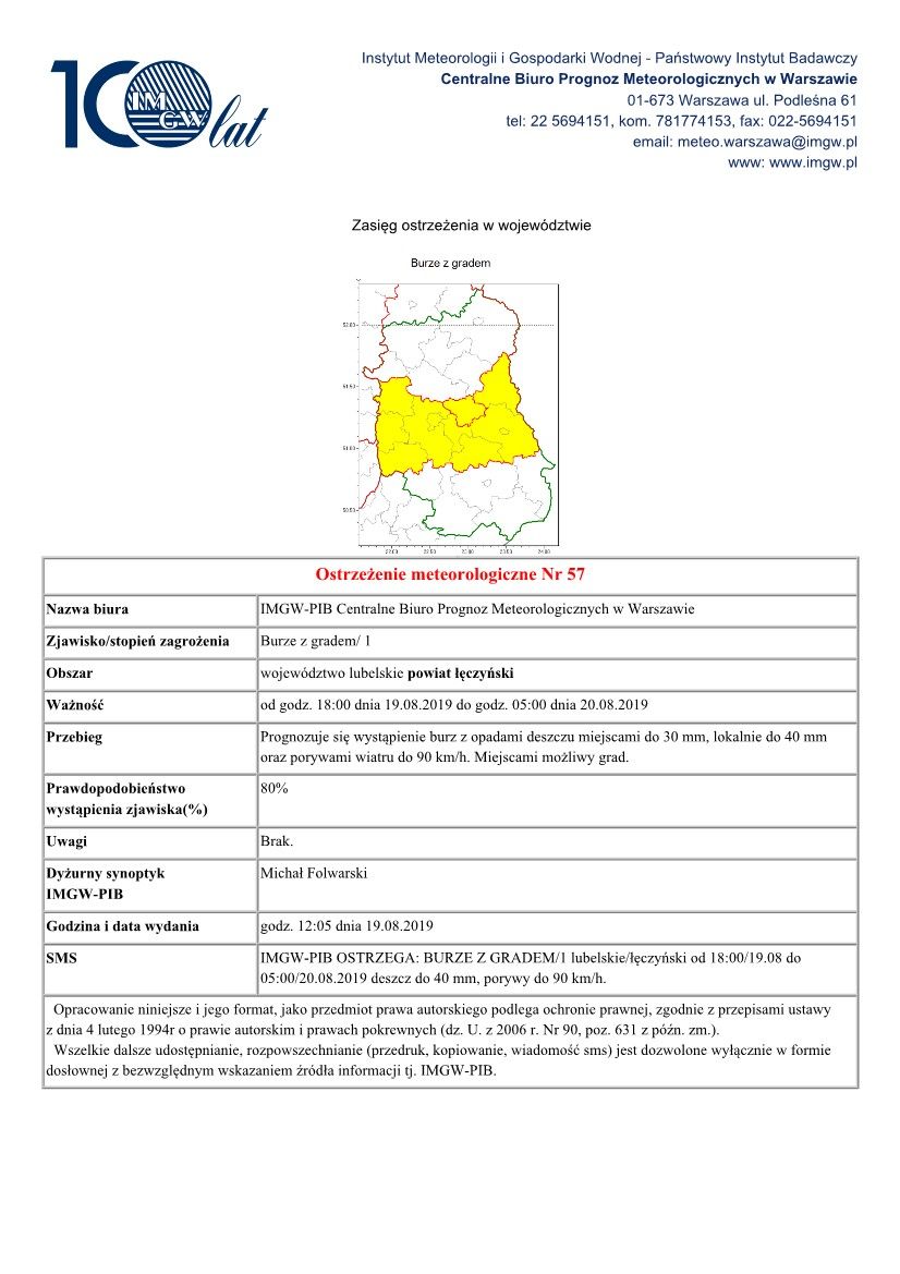 Ostrzeżenie meteorologiczne Nr 57