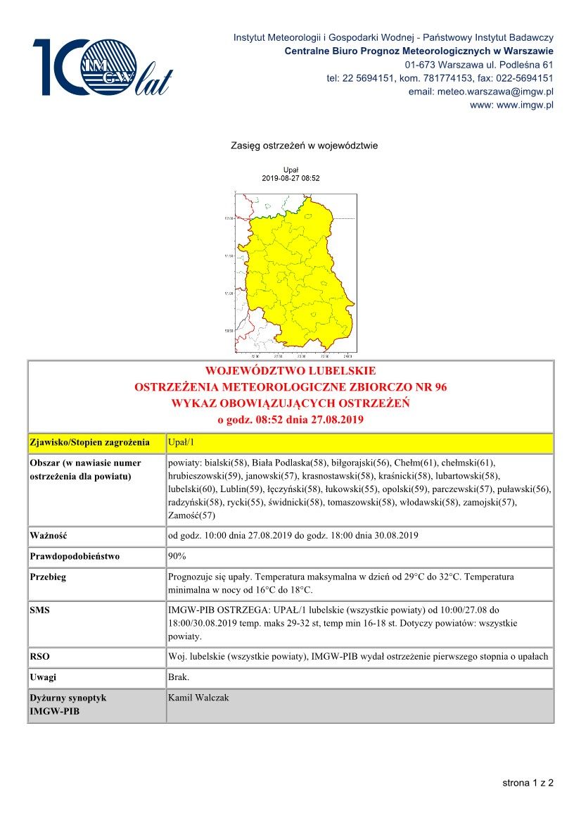 OSTRZEŻENIA METEOROLOGICZNE ZBIORCZO NR 96