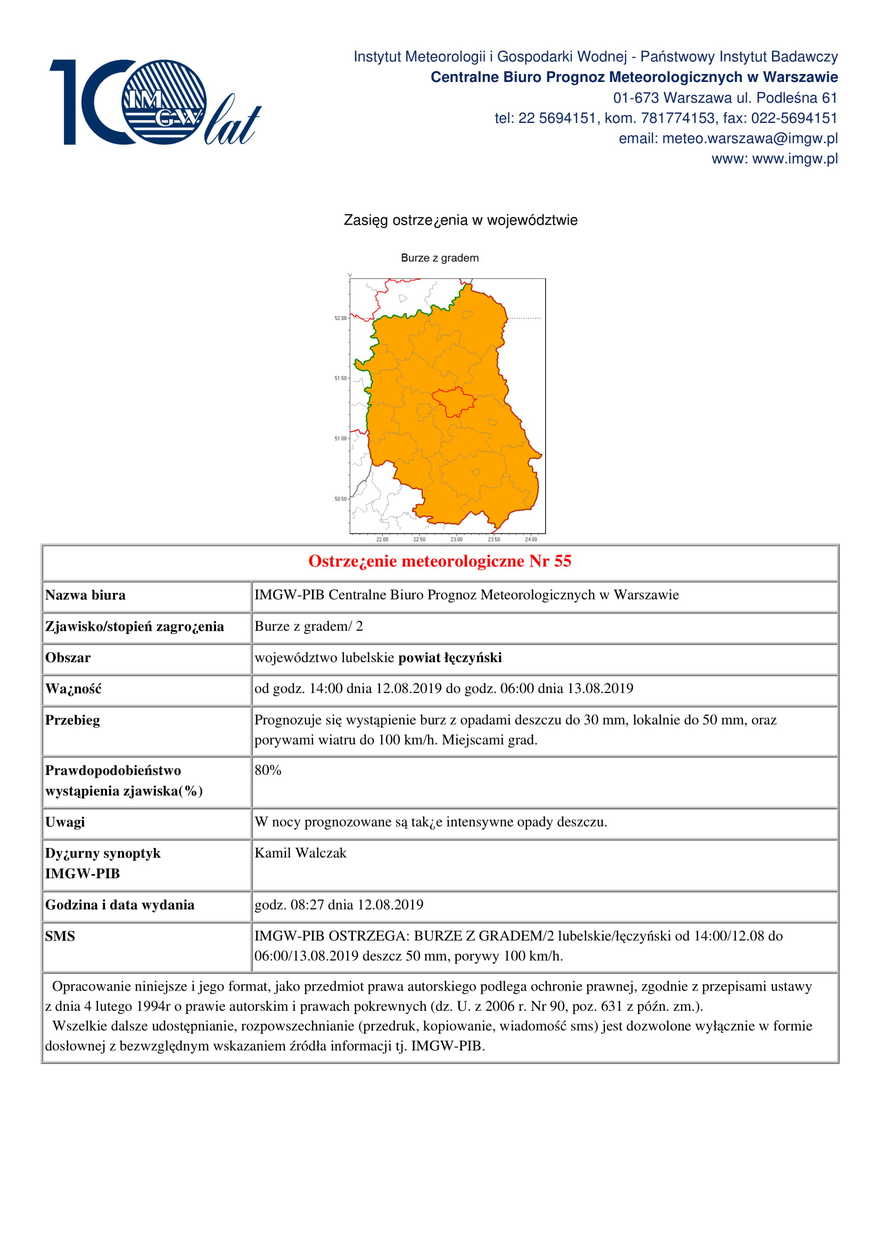 Ostrzeżenie meteorologiczne Nr 55