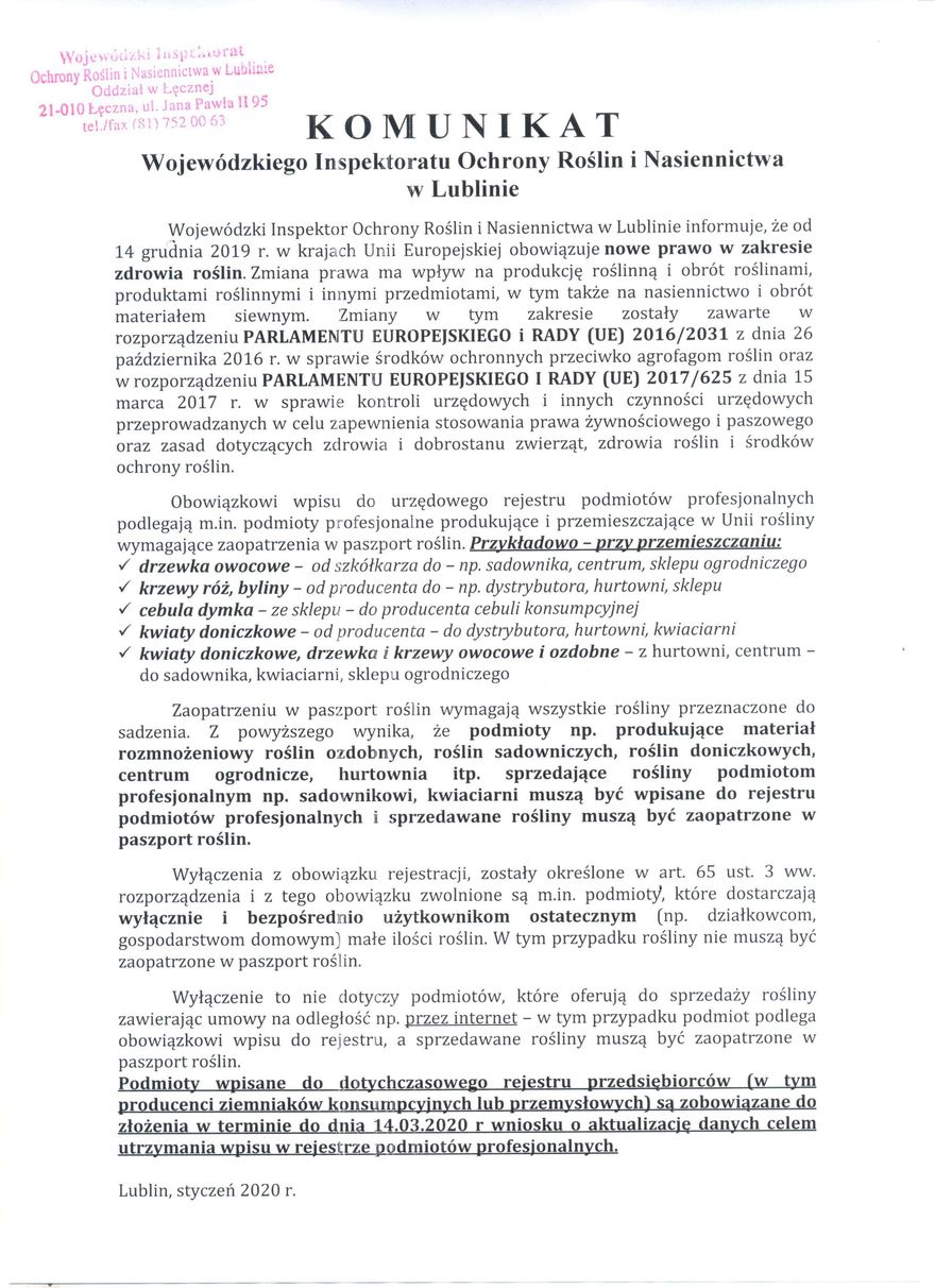 Plik jpg - Komunikat Wojewódzkiego Inspektoratu Ochrony Roślin i Nasiennictwa w Lublinie
