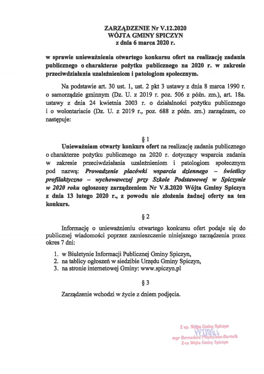 Plik jpg - ZARZĄDZENIE Nr V.12.2020 WÓJTA GMINY SPICZYN z dnia 6 marca 2020 r.