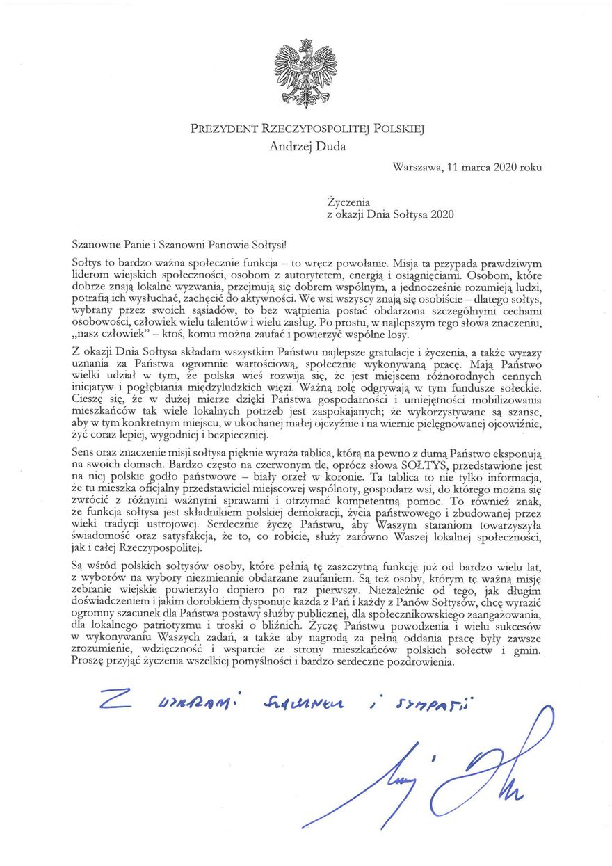 Plik jpg - List Prezydenta Rzeczypospolitej Polskiej Andrzeja Dudy