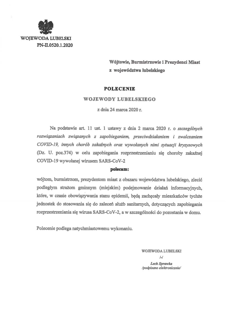 Plik jpg - Polecenie Wojewody Lubelskiego z dnia 24 marca 2020 r.